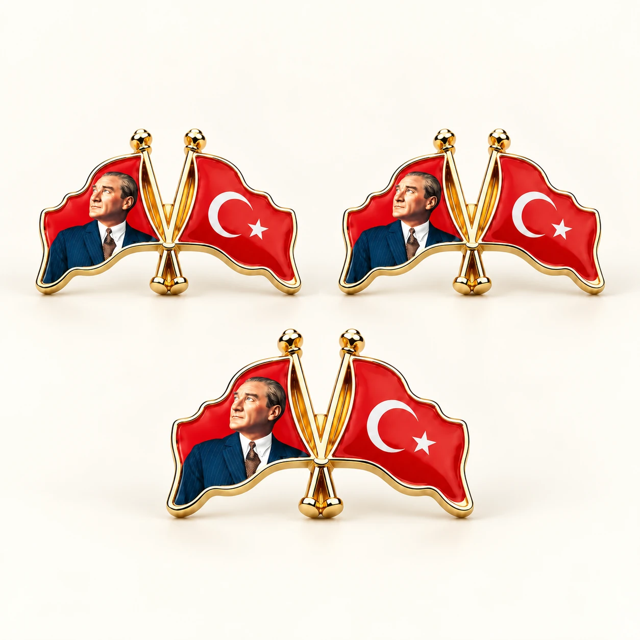 Altın Kırmızı Atatürk ve Türk Bayrağı Rozeti ürün fotoğrafı