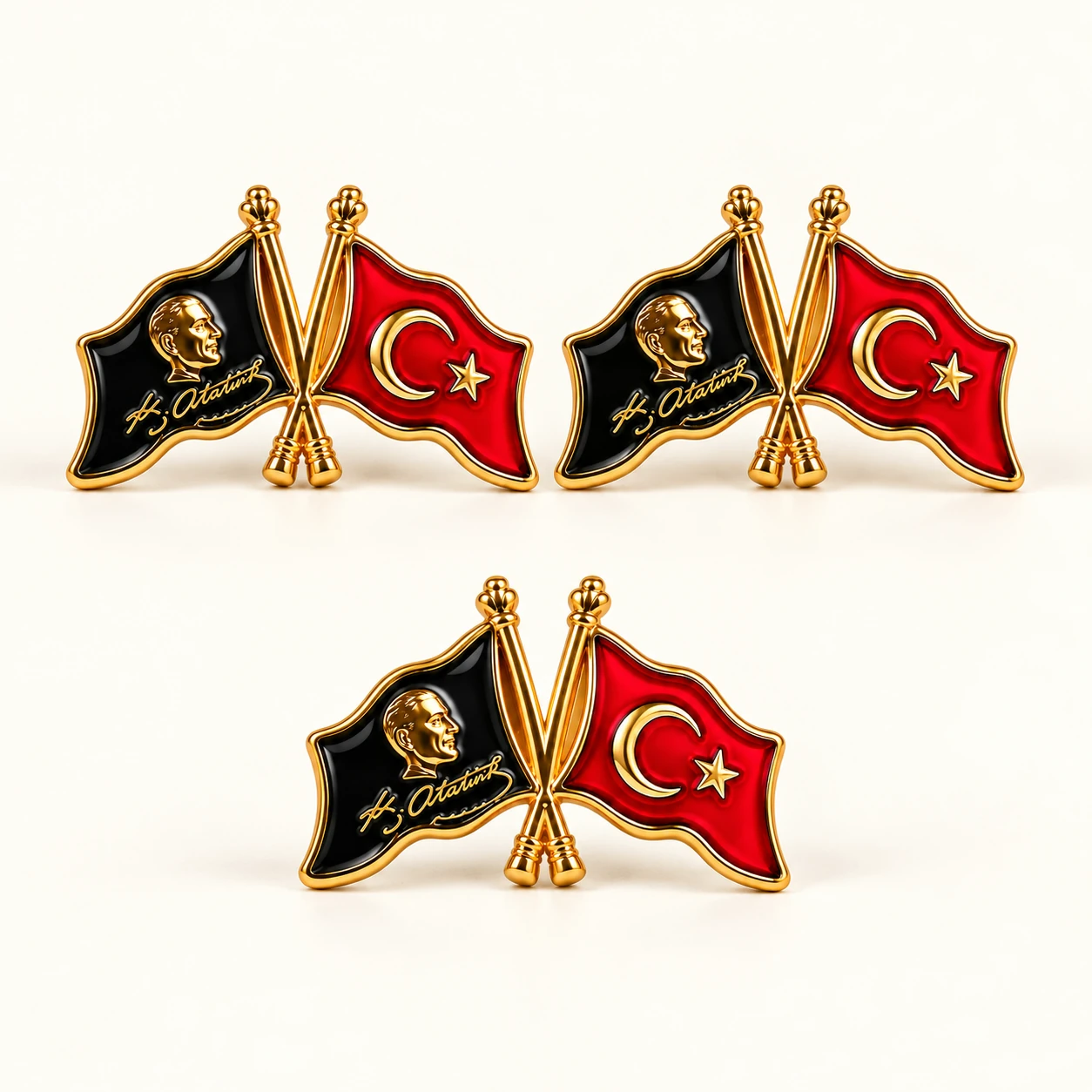 Altın Siyah Atatürk ve Türk Bayrağı Rozeti ürün fotoğrafı