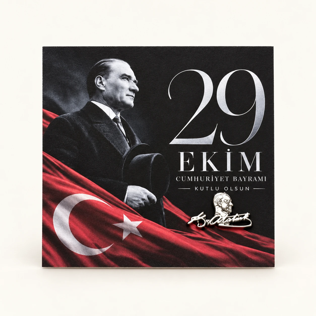 29 Ekim kartlı gümüş Atatürk imza rozeti